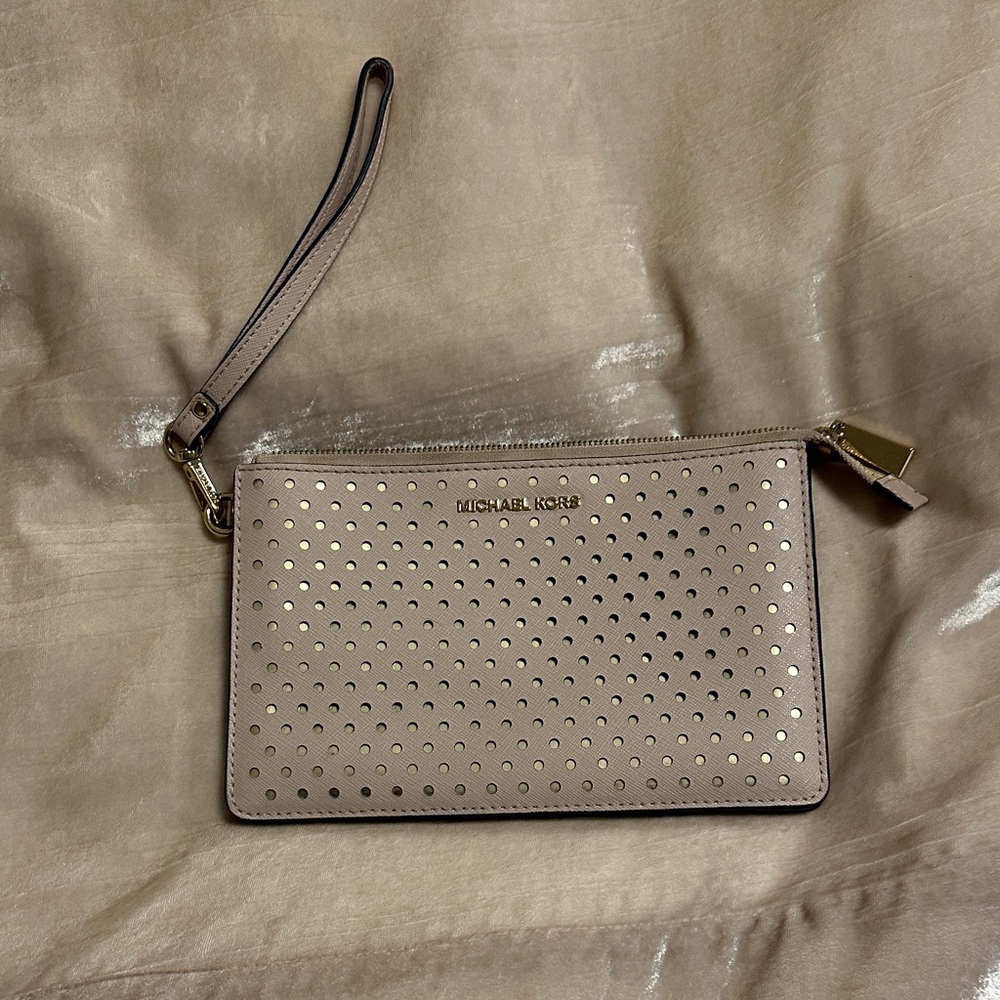 Michael Kors Perforated Beige Wristlet Clutch